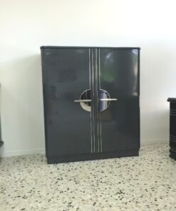 Art Deco Cabinet, circulating chromebars, big chrome fittings, handpolished, shelves and drawers