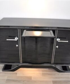 Highgloss Art Deco Sideboard, Pianolacquer, Chromelines, round Body Form, clean interior