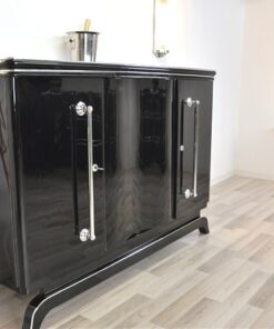 Art Deco Highboard, big chrome handles, highgloss black lacquer, plenty of storage space, clear design