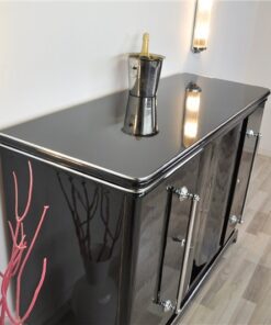 Art Deco Highboard, big chrome handles, highgloss black lacquer, plenty of storage space, clear design