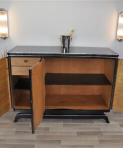 Art Deco Highboard, big chrome handles, highgloss black lacquer, plenty of storage space, clear design