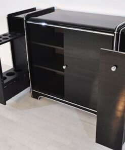 Art Deco Sideboard, highglossblack pianolacquer, fine chromlinies uand chrome handles, glass sliding door