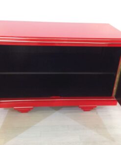 Red Art Deco commode, wonderfull color, big chromehandles, matt black interior, unique design