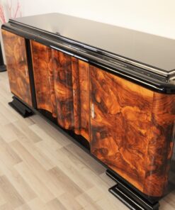 Art Deco, Sideboard, Buffet, serpentine doors, walnut, veneer picture, original, restored, refurbished, furniture, storage, unique