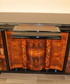 Art Deco, Sideboard, Buffet, serpentine doors, walnut, veneer picture, original, restored, refurbished, furniture, storage, unique