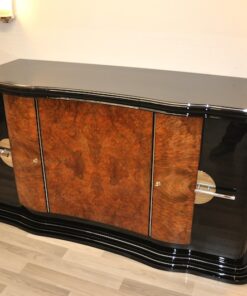 Art Deco, Curved, Credenza, Sideboard, Buffet, Era, Walnu, Veneer, body shape, furniture, antique, vintage, stair foot, black,