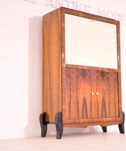 Art Deco, secretary, bureau, cabinet, walnut wood, design, high gloss black feet, lacobel glass, small drawers, light inside, furniture