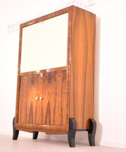 Art Deco, secretary, bureau, cabinet, walnut wood, design, high gloss black feet, lacobel glass, small drawers, light inside, furniture