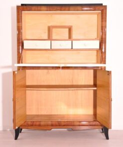 Art Deco, secretary, bureau, cabinet, walnut wood, design, high gloss black feet, lacobel glass, small drawers, light inside, furniture