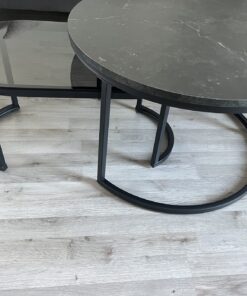 2er Set Couchtisch ELEGANCE 70cm graphit Marmor-Design Glas Metall rund oval