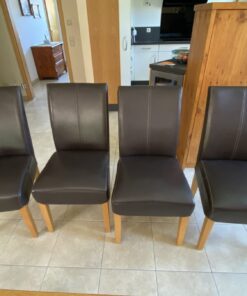 4 Polsterstühle FREY, Leder Andes dunkelbraun mit Kontrastnaht, Gestell Eiche geölt