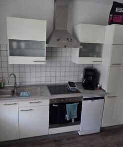 Küche mit Spülmaschine Kühlschrank und Gefrierfach sowie Herd und Ofen