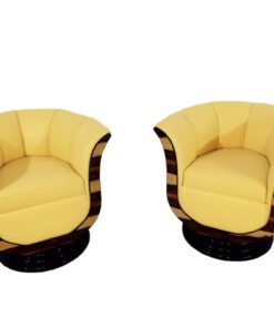 Art Deco tulip armchairs, unique form, highquality leather, macassar wood, highgloss black foot