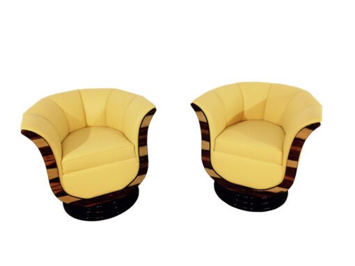 Art Deco tulip armchairs, unique form, highquality leather, macassar wood, highgloss black foot