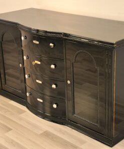 Belgian Art Deco Commode, beautiful ornamentations, highgloss, handpolished, chromefittings, original keys, rounded drawers