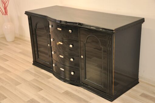 Belgian Art Deco Commode, beautiful ornamentations, highgloss, handpolished, chromefittings, original keys, rounded drawers