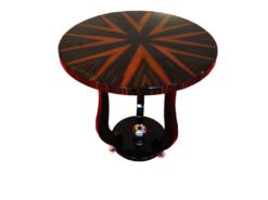 Art Deco Sidetable, table top made of luxurious makassarwood in starshape, curved table legs with piano lacquer, chrome applications on the foot