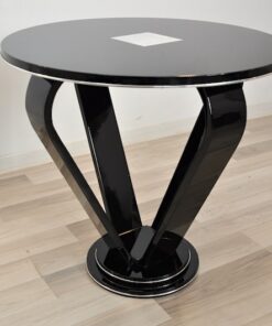 Art Deco Crone Sidetable, Metalapplications on the topplate, rotating chromebars, handpolished, highgloss black