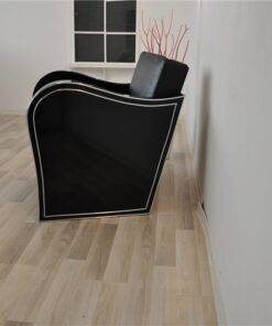 Art Deco armachair, swung armrests, black leather, rotating chromelines