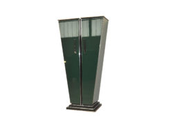 Art Deco Console, Tulipbody, painted interior&exterior, stairfoot, glasshelves, mirror backpanel, chromefittings