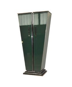 Art Deco Console, Tulipbody, painted interior&exterior, stairfoot, glasshelves, mirror backpanel, chromefittings
