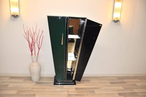 Art Deco Console, Tulipbody, painted interior&exterior, stairfoot, glasshelves, mirror backpanel, chromefittings