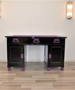 Art Deco Desk, unique Design, pink fittings, pink topplate and feet, clean interior in black, painted backboard