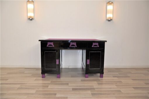 Art Deco Desk, unique Design, pink fittings, pink topplate and feet, clean interior in black, painted backboard