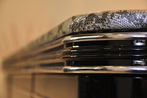 Art Deco Sideboard, chromebands, leather covered plate ( snake-optics ), chromefittings, handpolished, highgloss