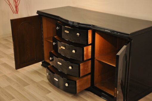 Belgian Art Deco Commode, beautiful ornamentations, highgloss, handpolished, chromefittings, original keys, rounded drawers