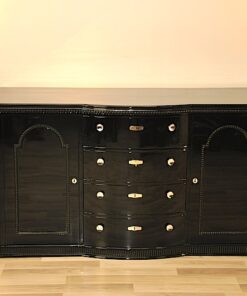 Belgian Art Deco Commode, beautiful ornamentations, highgloss, handpolished, chromefittings, original keys, rounded drawers