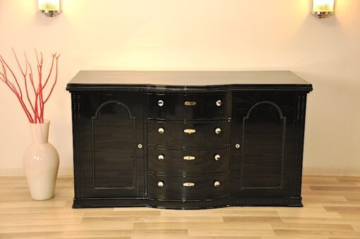 Belgian Art Deco Commode, beautiful ornamentations, highgloss, handpolished, chromefittings, original keys, rounded drawers