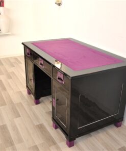 Art Deco Desk, unique Design, pink fittings, pink topplate and feet, clean interior in black, painted backboard