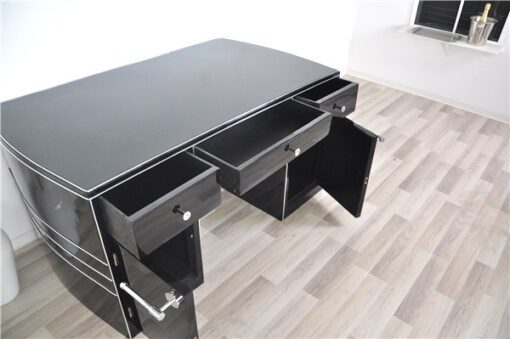 Art Deco Desk, wonderful curved body, highgloss black, big chromeline, hand polished, rare furniture