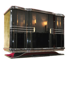 Art Deco Commode, curved swing doors, french feet, original keys, 11-layer painting, 2 drawers, chromebars & fittings