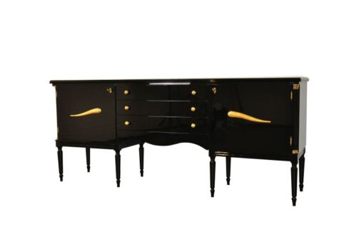 Art Deco Commode, highgloss / black, brass fittings, handpolished, 3 drawers, two shelves