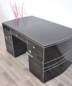 Art Deco Desk, wonderful curved body, highgloss black, big chromeline, hand polished, rare furniture
