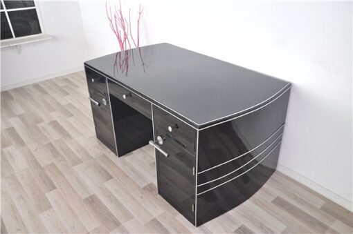 Art Deco Desk, wonderful curved body, highgloss black, big chromeline, hand polished, rare furniture