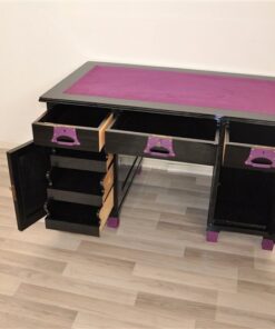 Art Deco Desk, unique Design, pink fittings, pink topplate and feet, clean interior in black, painted backboard