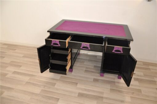 Art Deco Desk, unique Design, pink fittings, pink topplate and feet, clean interior in black, painted backboard