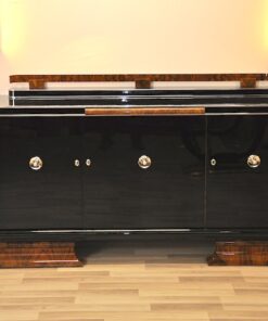 Art Deco Sideboard, highgloss, chromefittings, walnut wood, formed back ornamentation, curved feet