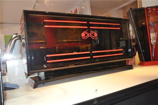 Art Deco Sideboard, wonderful Design, red ornamentation, interior and fittings also in red, big curved doors, 2 big drawers