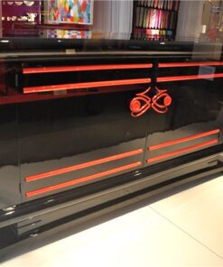 Art Deco Sideboard, wonderful Design, red ornamentation, interior and fittings also in red, big curved doors, 2 big drawers