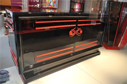 Art Deco Sideboard, wonderful Design, red ornamentation, interior and fittings also in red, big curved doors, 2 big drawers