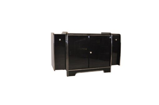 Art Deco Sideboard, mirrored back plate, red bar extensions on both sides, 3 shelves, highglossblack with chrome applications