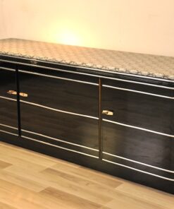 Art Deco Sideboard, chromebands, leather covered plate ( snake-optics ), chromefittings, handpolished, highgloss