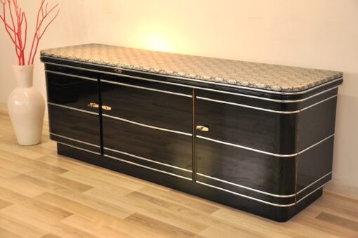 Art Deco Sideboard, chromebands, leather covered plate ( snake-optics ), chromefittings, handpolished, highgloss