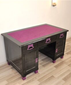 Art Deco Desk, unique Design, pink fittings, pink topplate and feet, clean interior in black, painted backboard