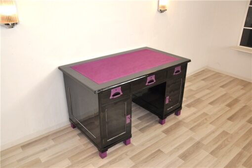Art Deco Desk, unique Design, pink fittings, pink topplate and feet, clean interior in black, painted backboard