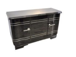 Art Deco Chromliner Sideboard, massive chromehandles, handpolished pianolacquer, timeless Design with curved doors